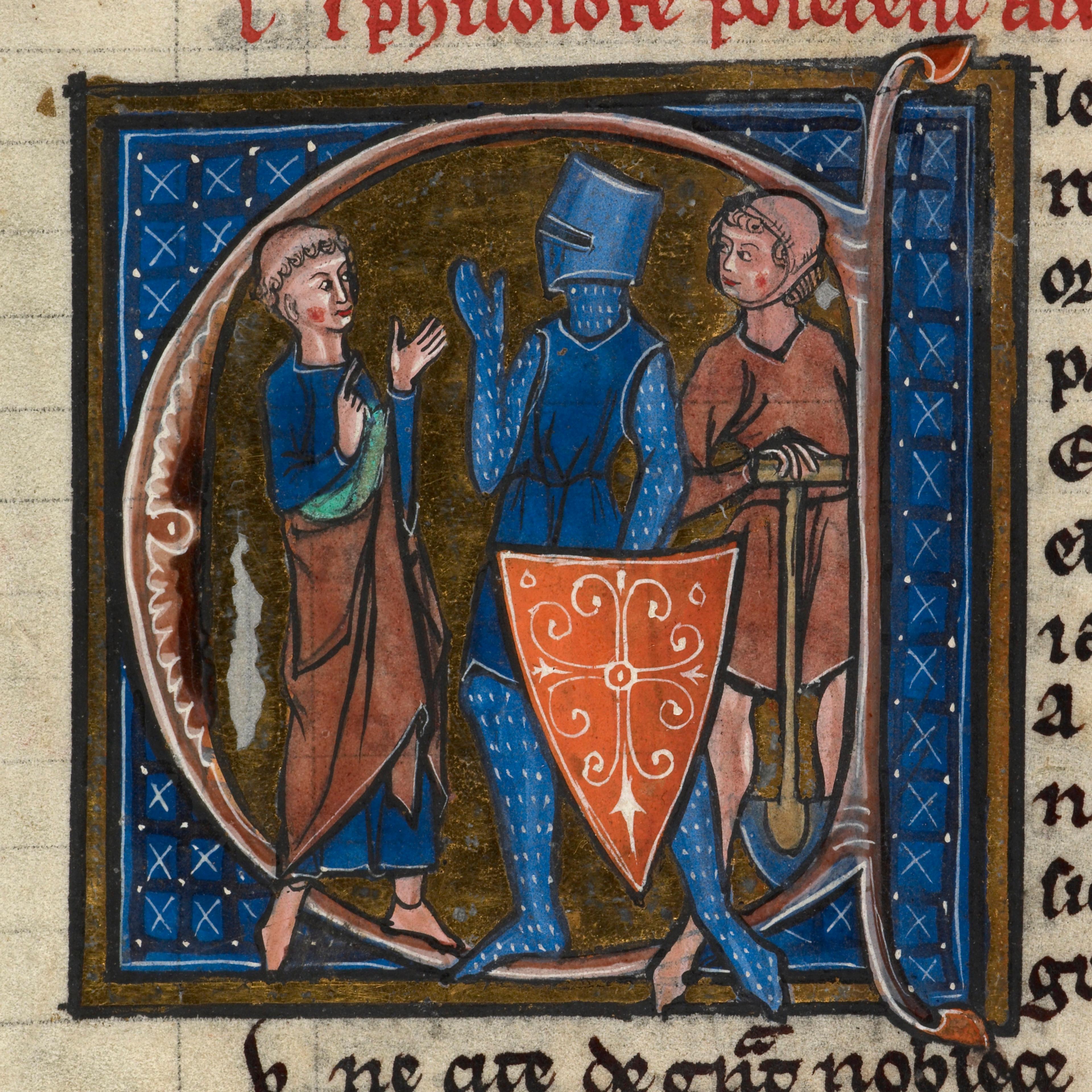 Medieval manuscript illustration of three figures talking: a man, a knight with a shield and a shovel-bearer, set in an ornate border.