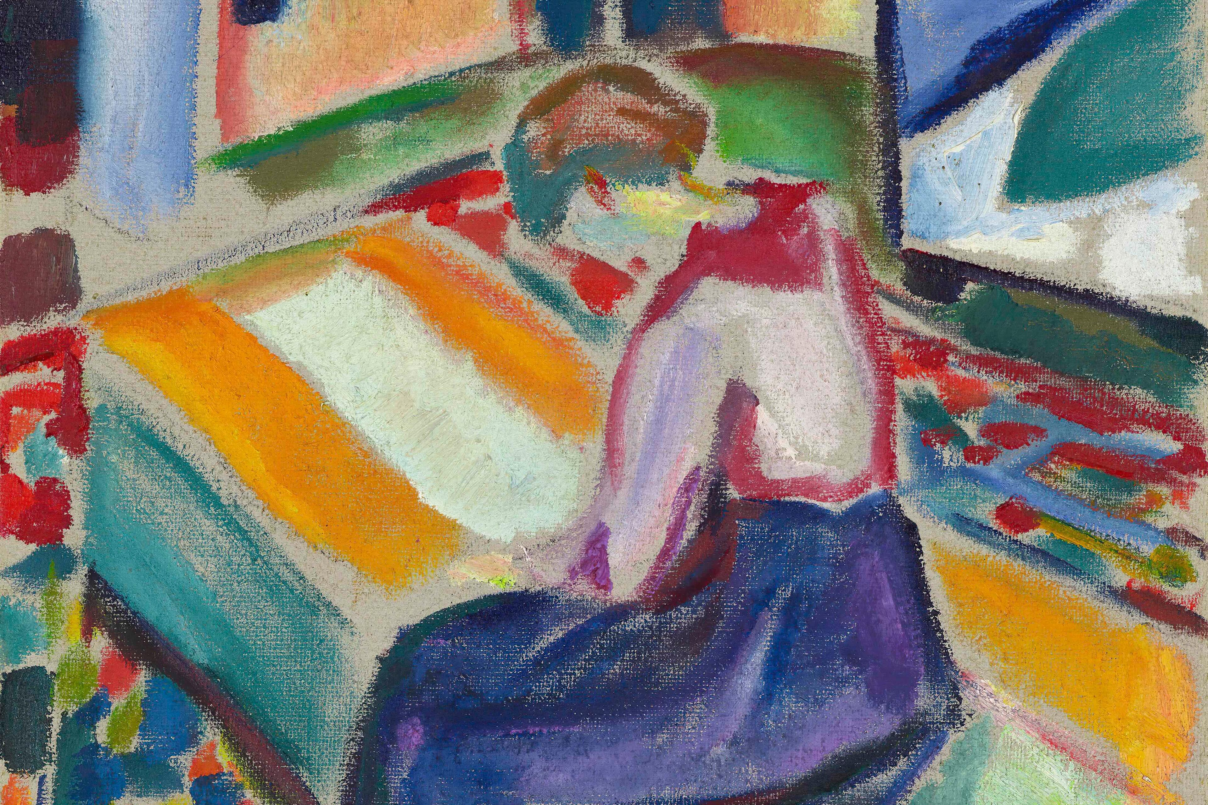 Painting of a person sitting on a colourful bed in a room with abstract patterns and vibrant colours.