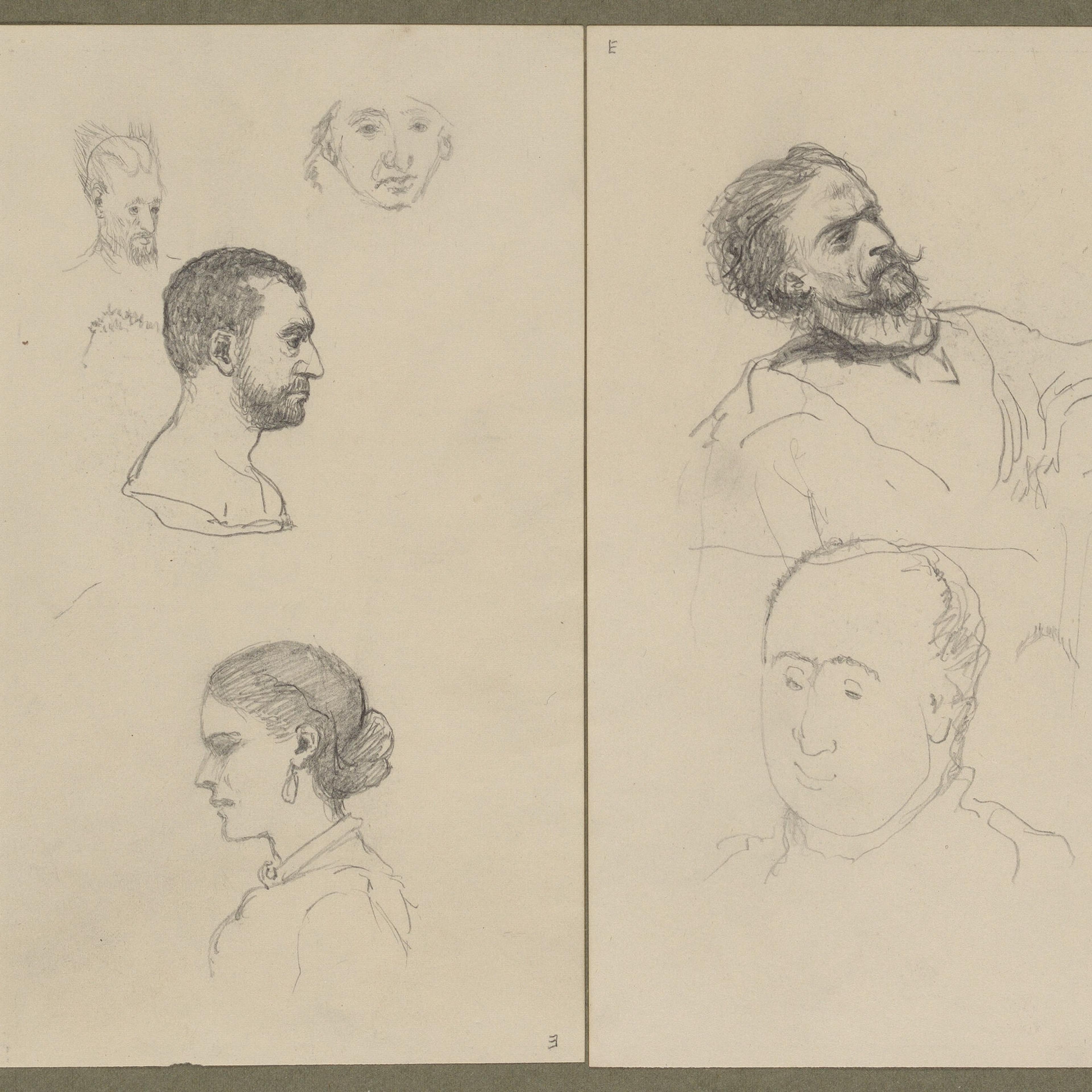 Pencil sketches of six faces and profiles on paper including bearded men and a woman with hair tied back.