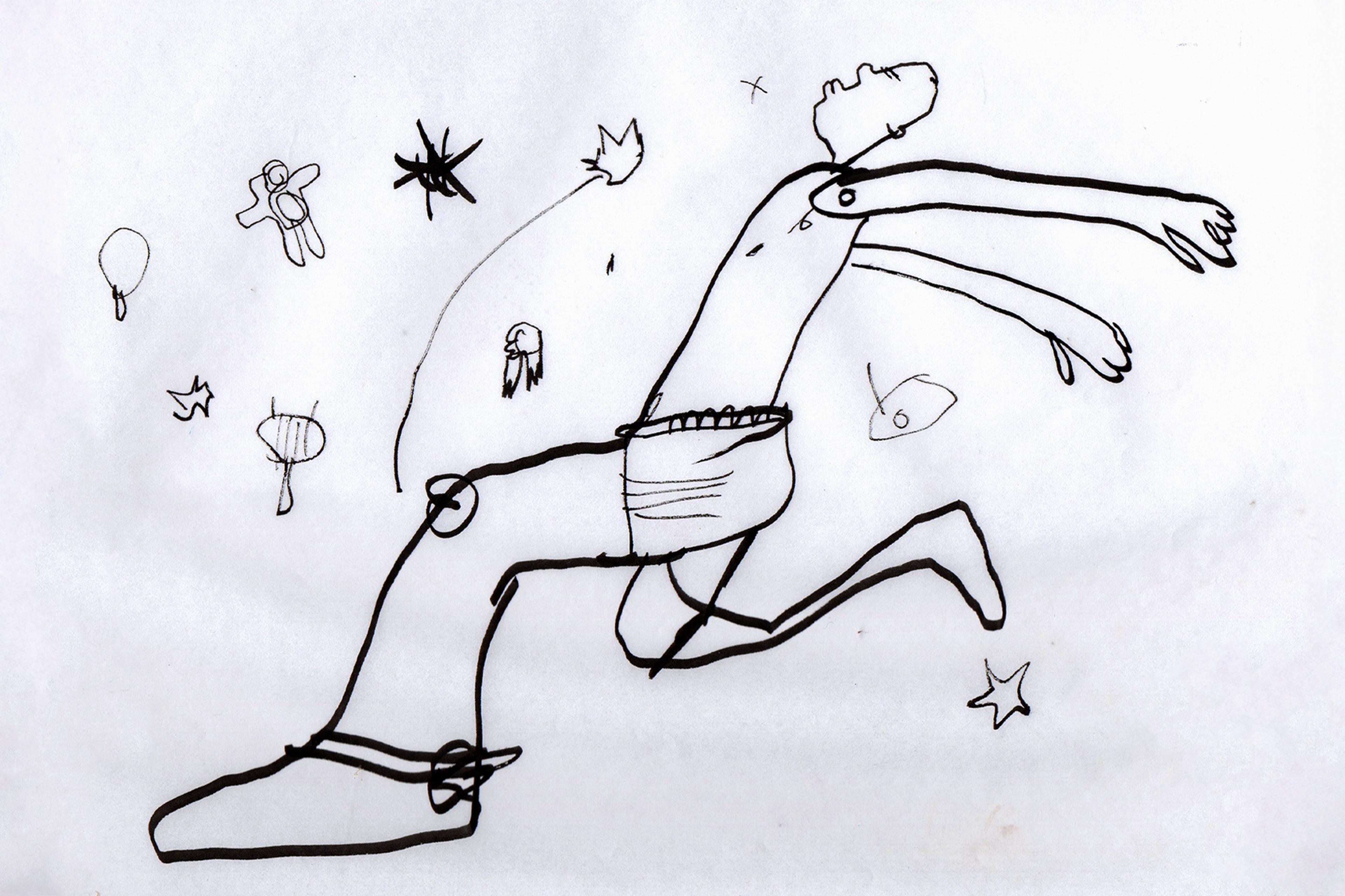Abstract line drawing of a running figure with scattered symbols on a white background.
