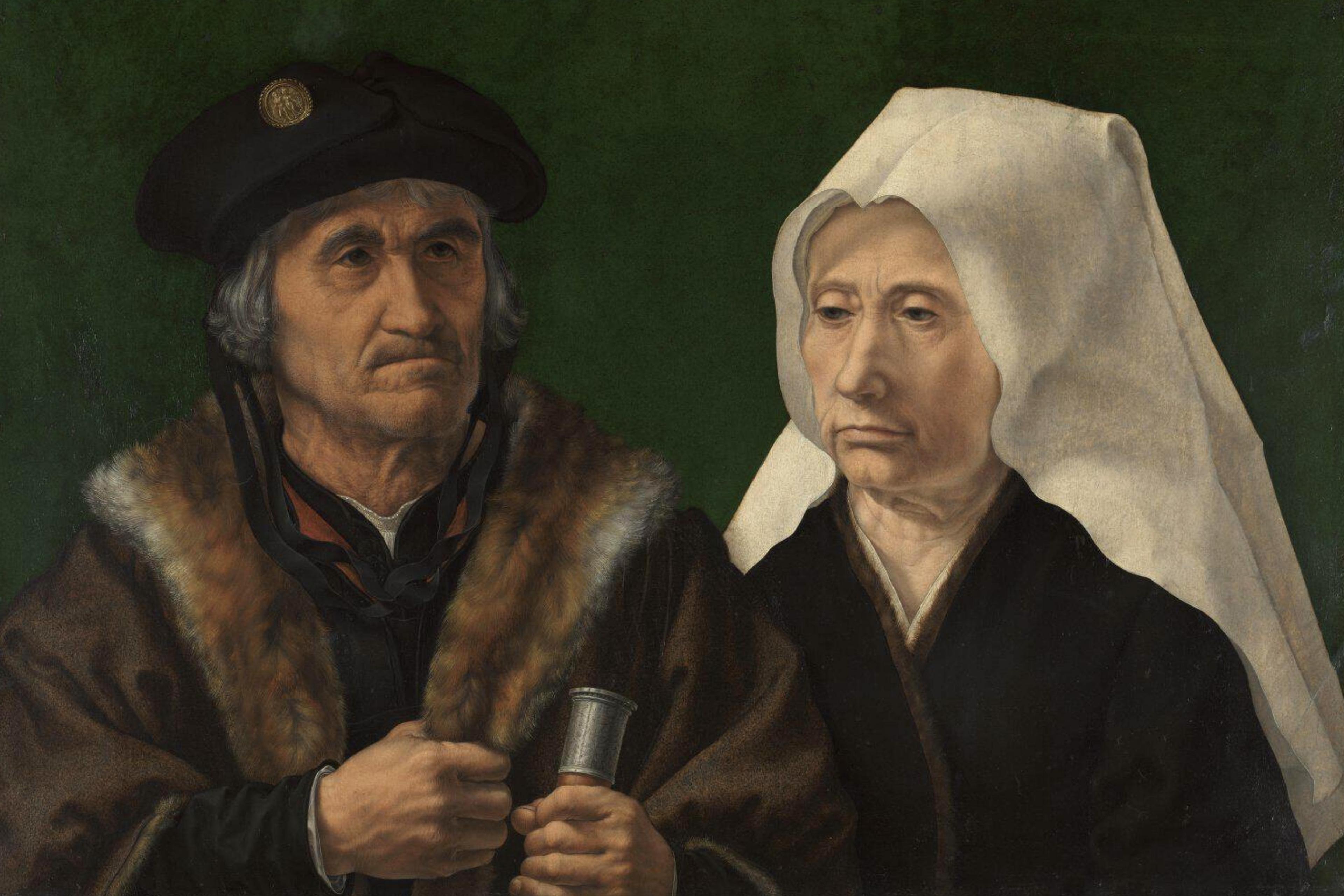 Painting of an elderly couple in 16th century attire, man in fur-lined coat and woman in white headdress on green background.
