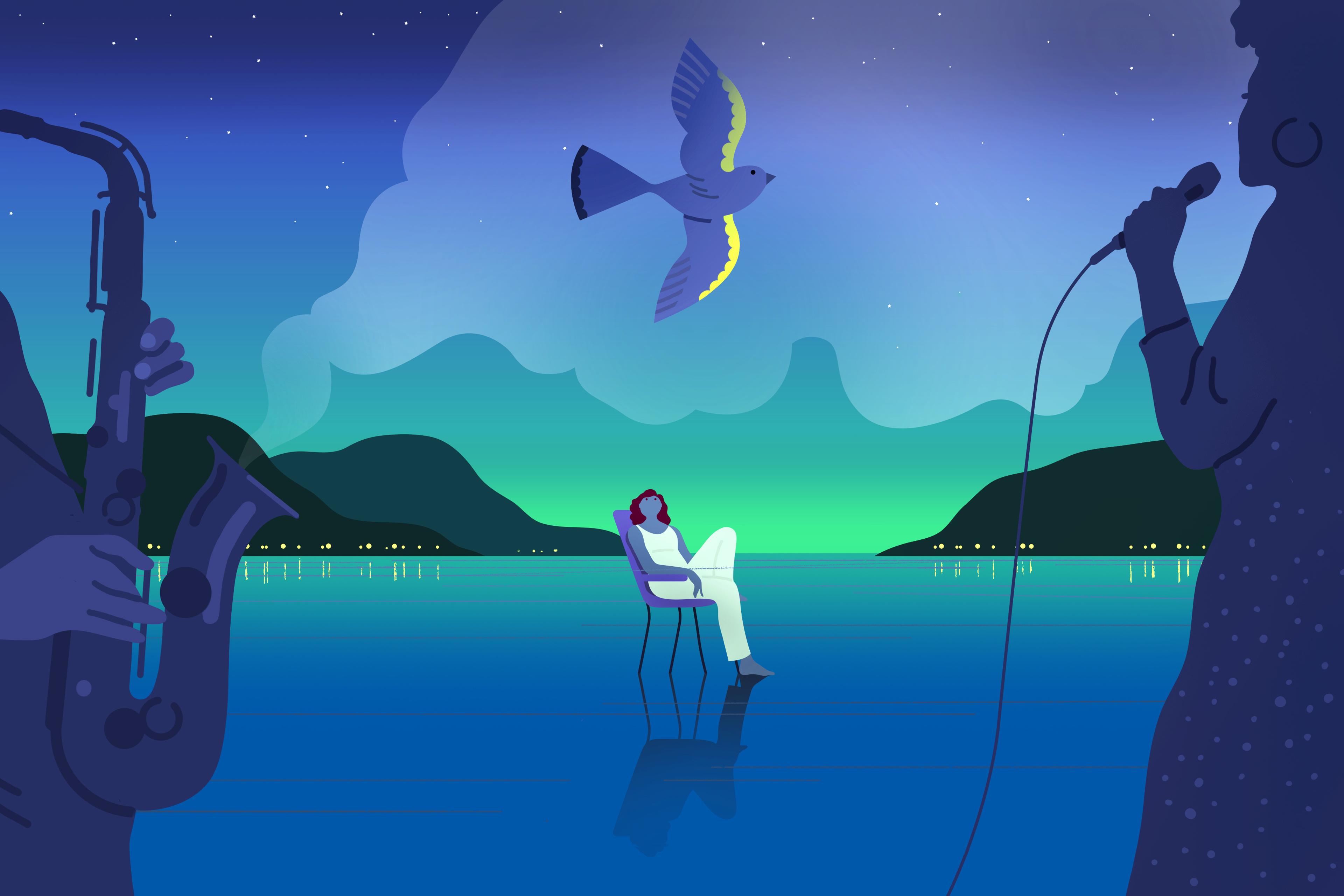 Illustration of a night scene with musicians performing, a person on a chair, a bird flying and mountains in the background.