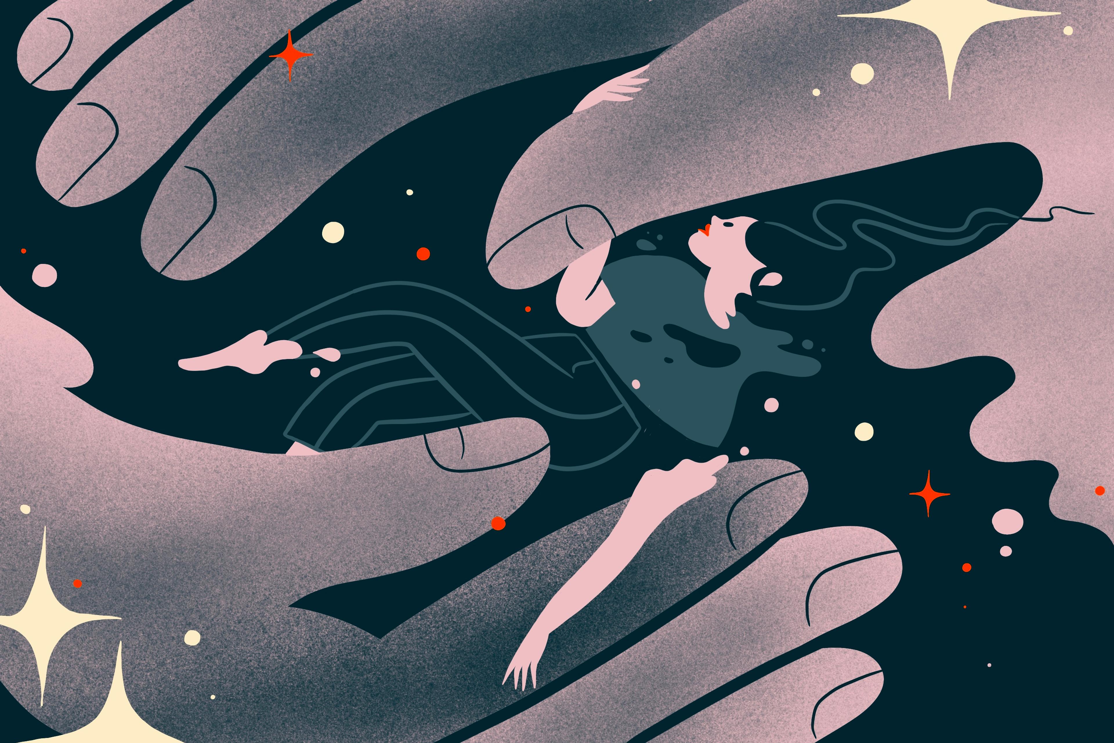 Illustration of a woman floating in space surrounded by large hands and small stars on a dark background.