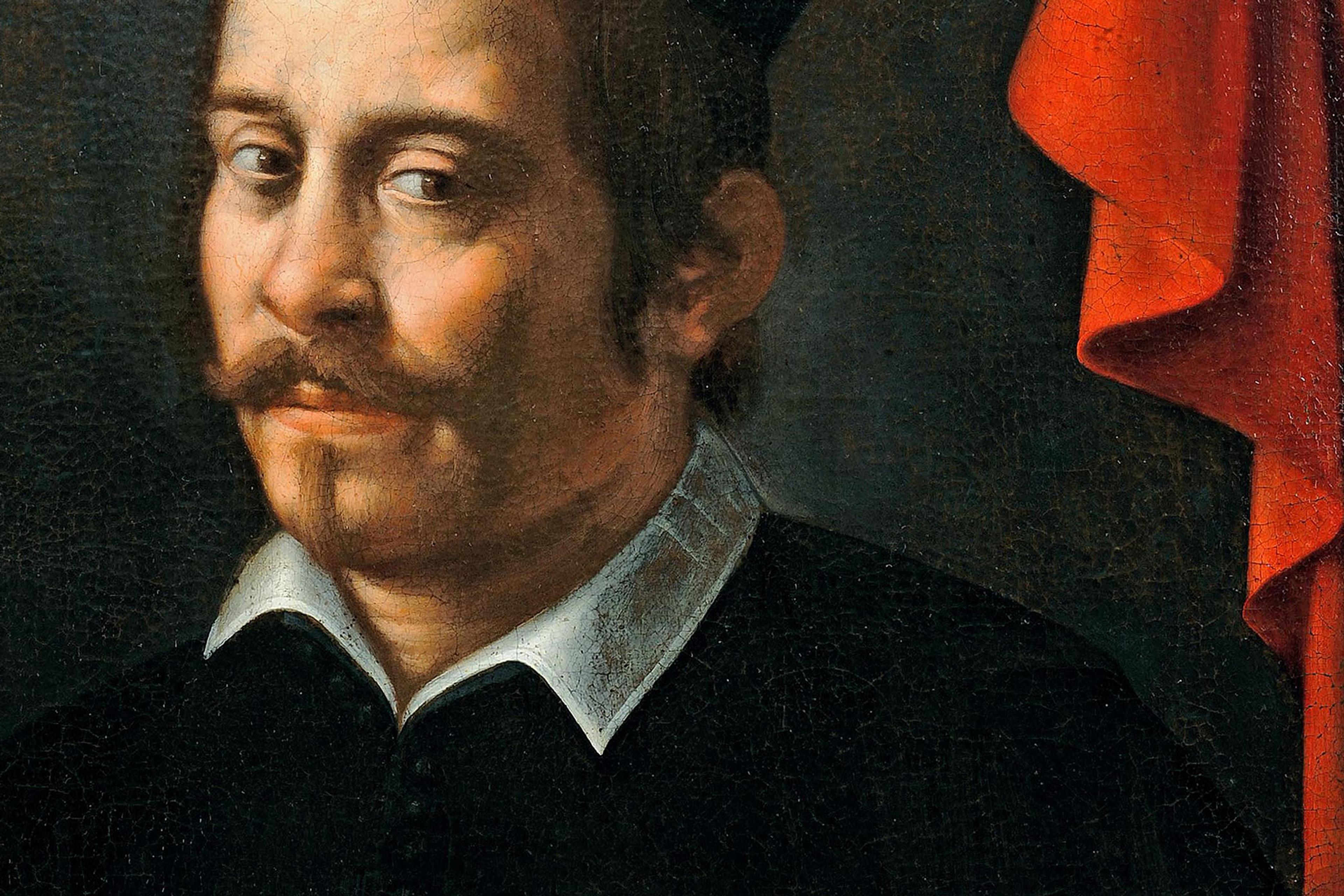 Portrait painting of a man with a moustache wearing a dark outfit with a white collar next to a red drapery background.