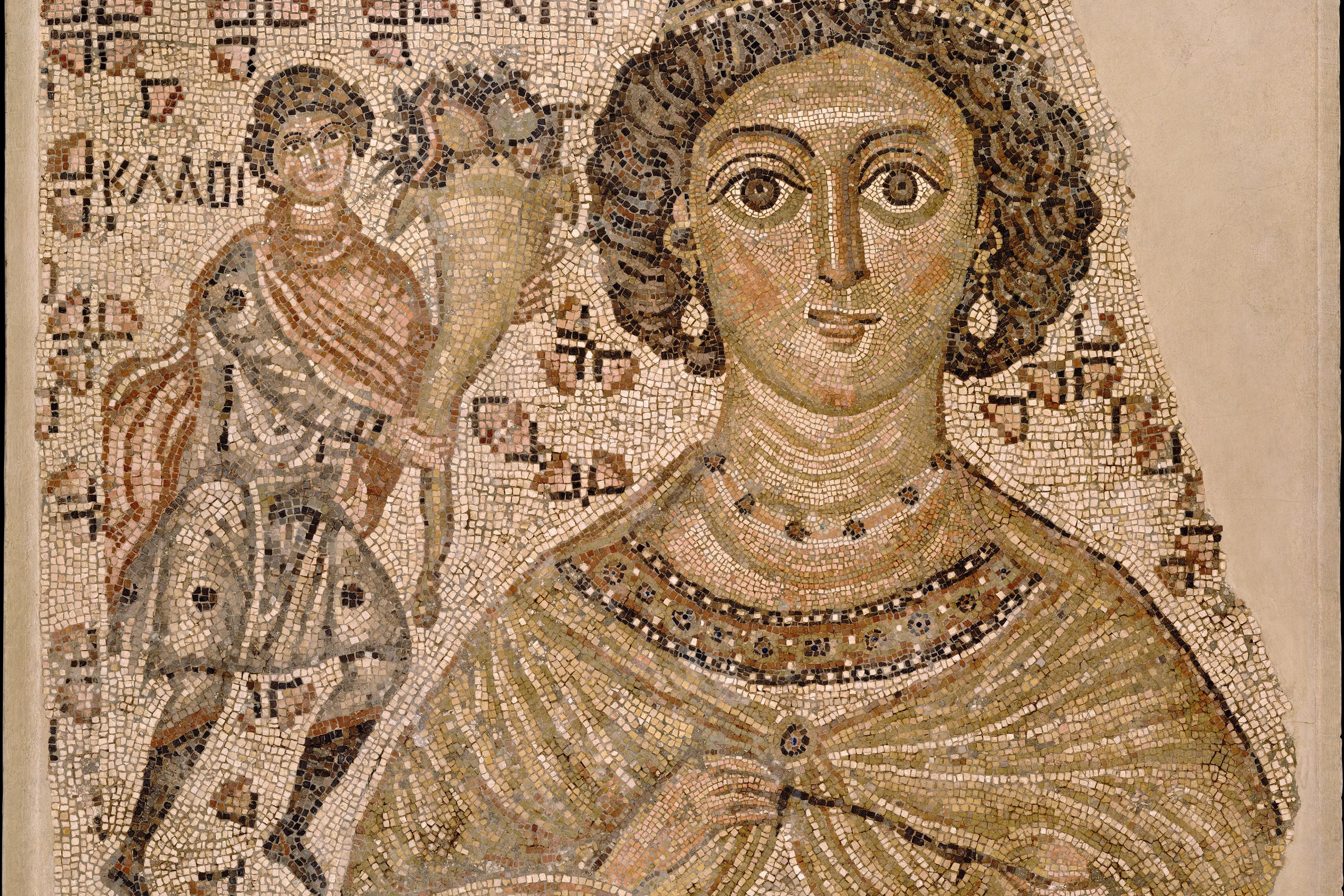 Ancient Roman mosaic depicting a woman in ornate attire with a smaller figure holding a cornucopia beside her.