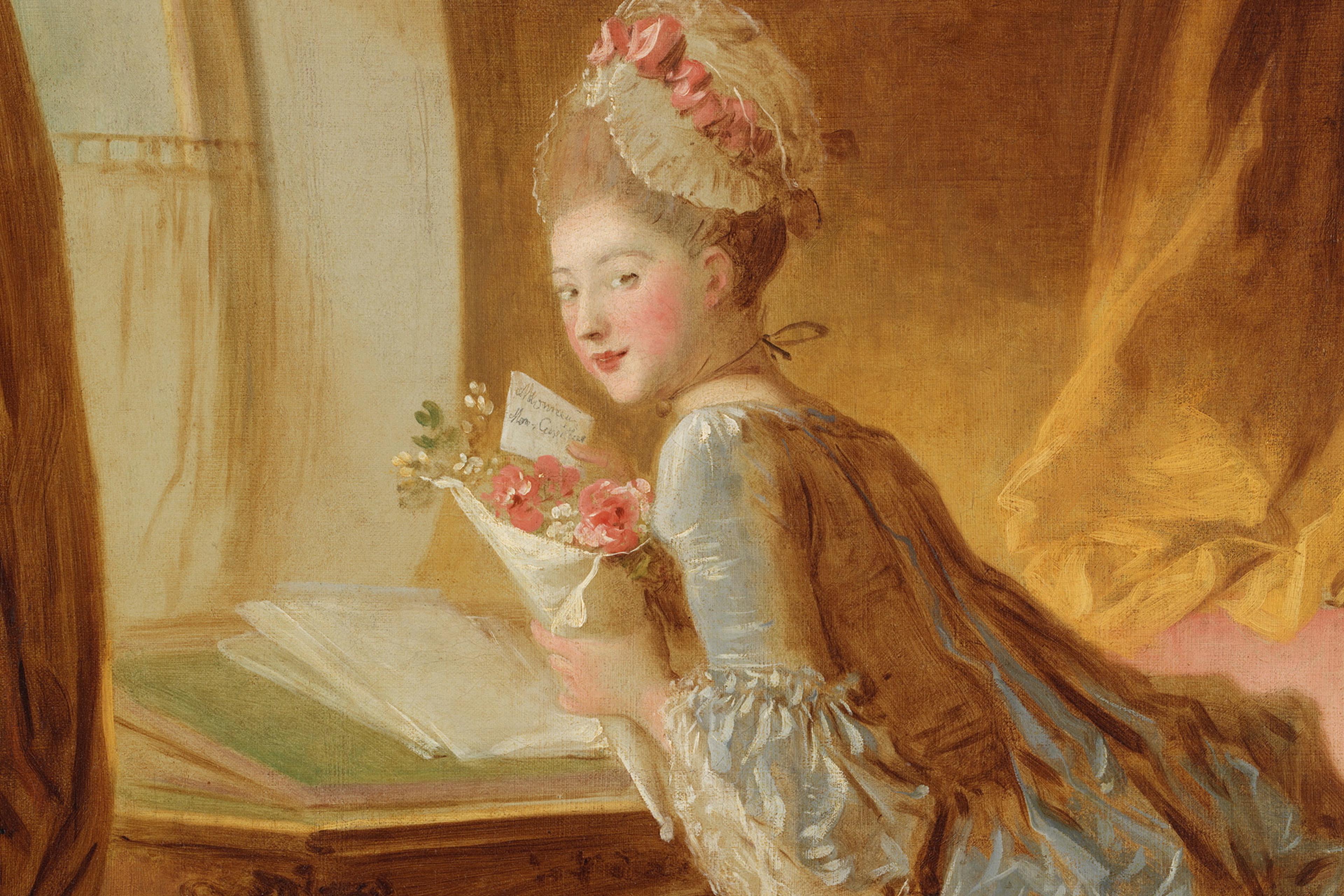 Painting of a woman in 18th-century attire holding flowers by a window with a small dog on a bench.