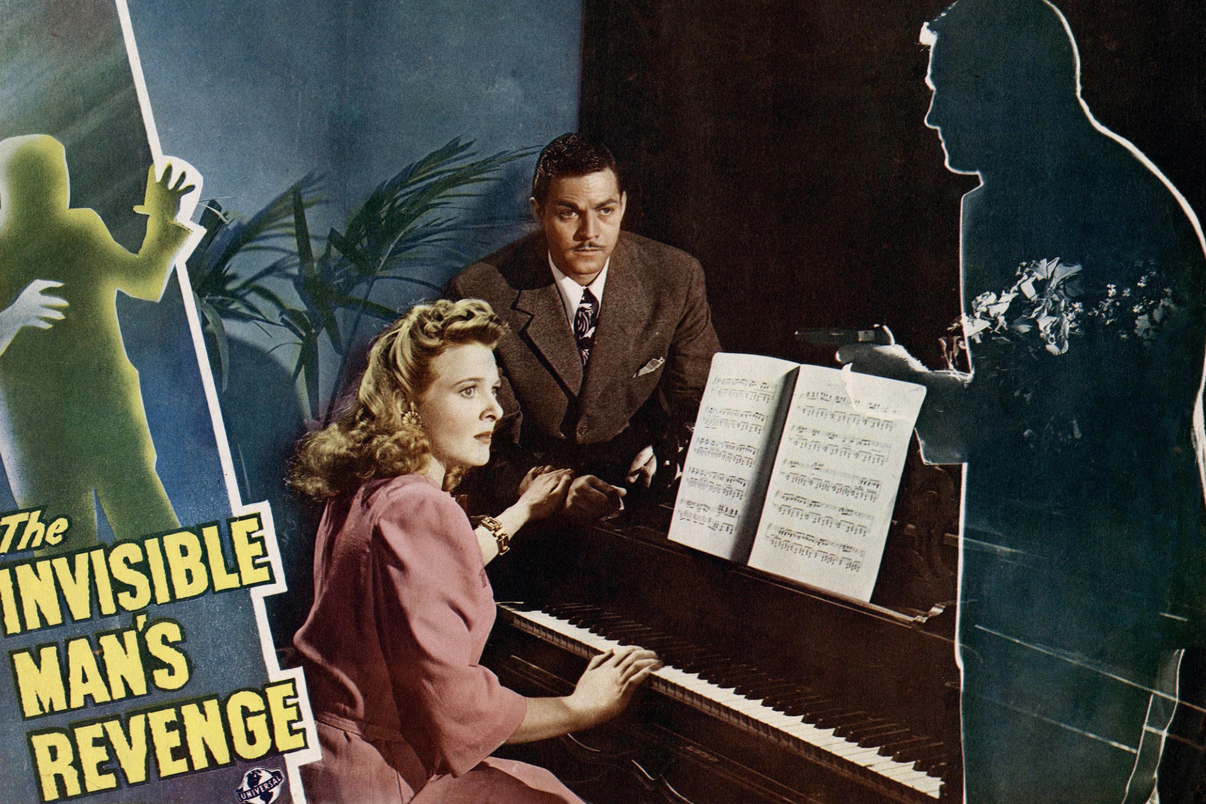 Poster of “The Invisible Man’s Revenge” showing a woman at a piano, a man in a suit and an invisible figure with a gun.