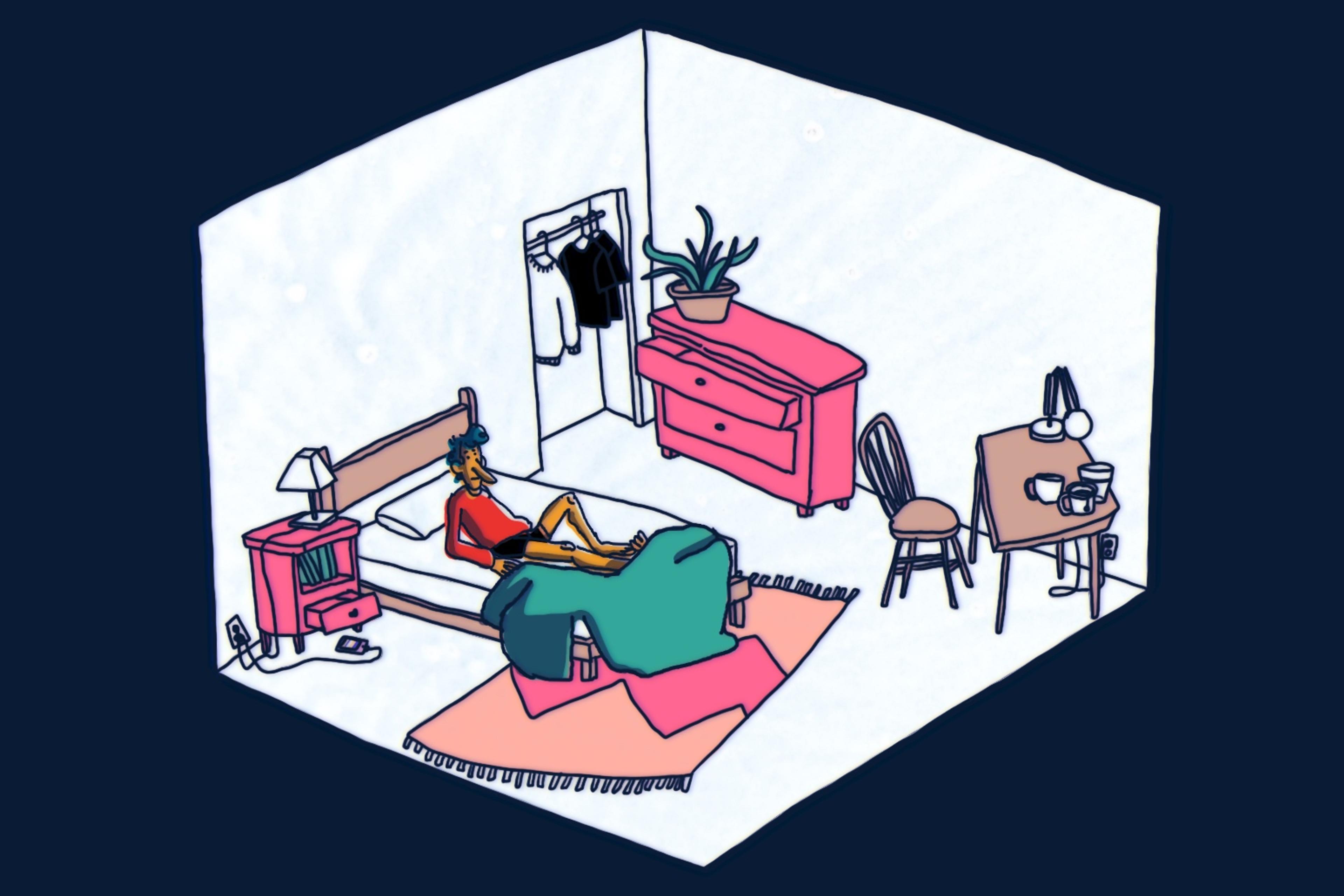Illustration of a room with a person lounging on a bed, a pink dresser, a table with cups and a plant.