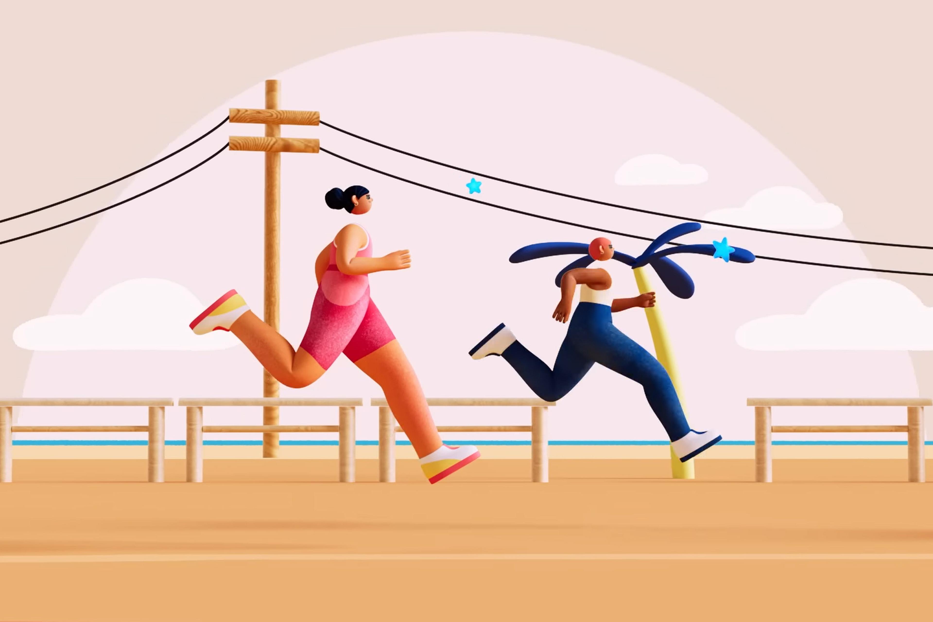 Illustration of two stylised people running on a boardwalk near the sea with telegraph poles and wires in the background.