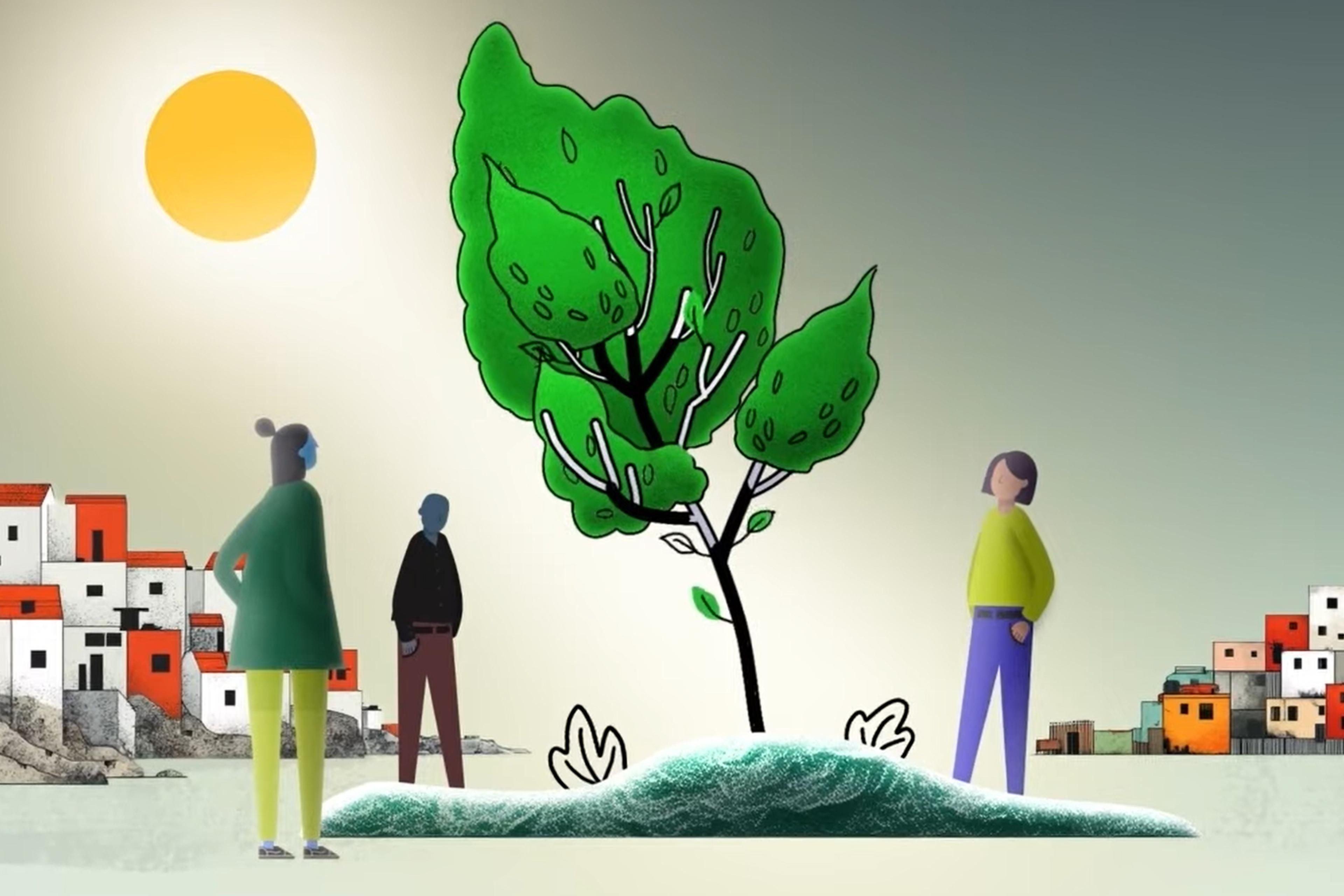 Illustration of people around a stylised tree under the sun with colourful buildings in the background.