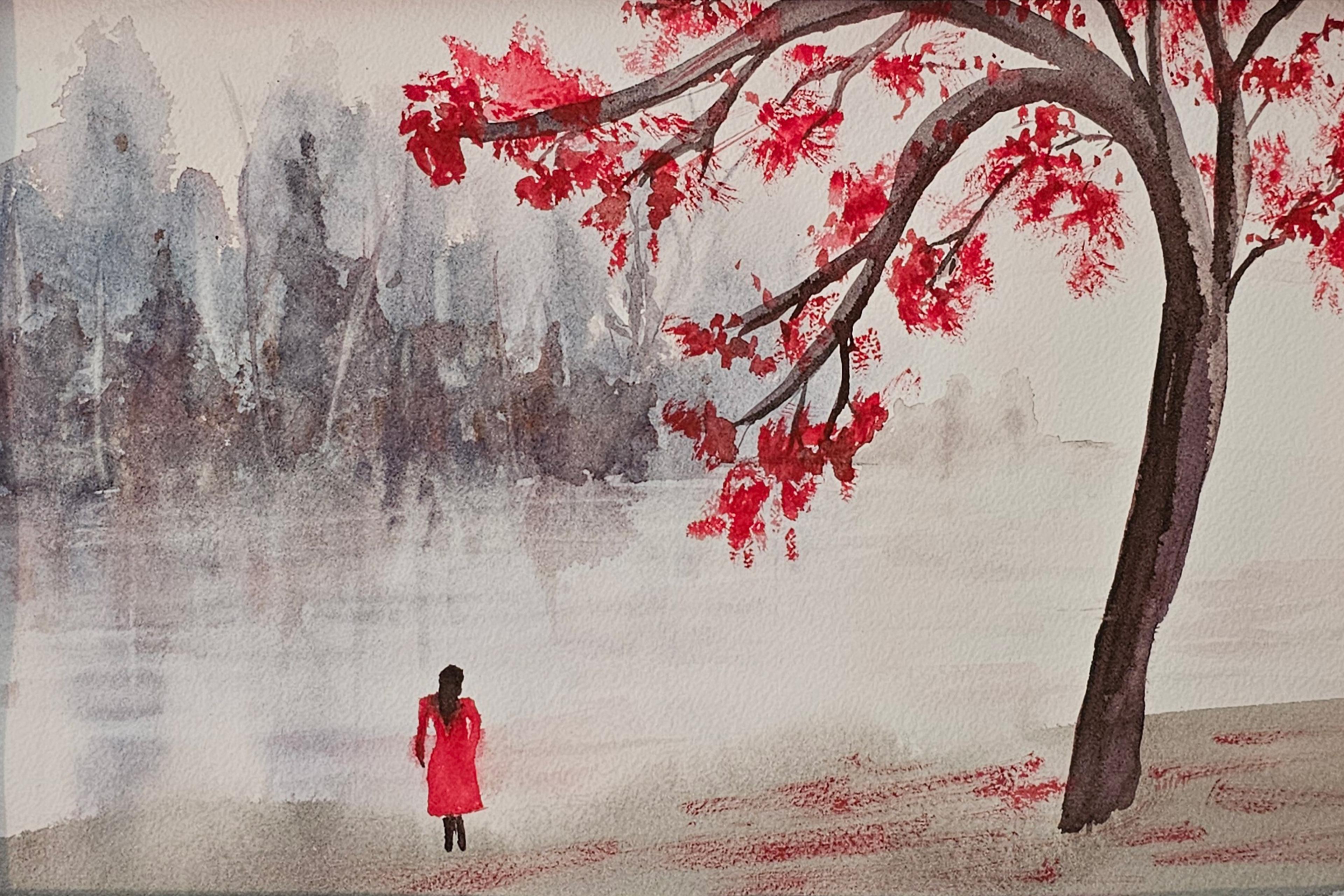 Watercolour painting of a person in red near a foggy lake with a tree and red leaves in the foreground.