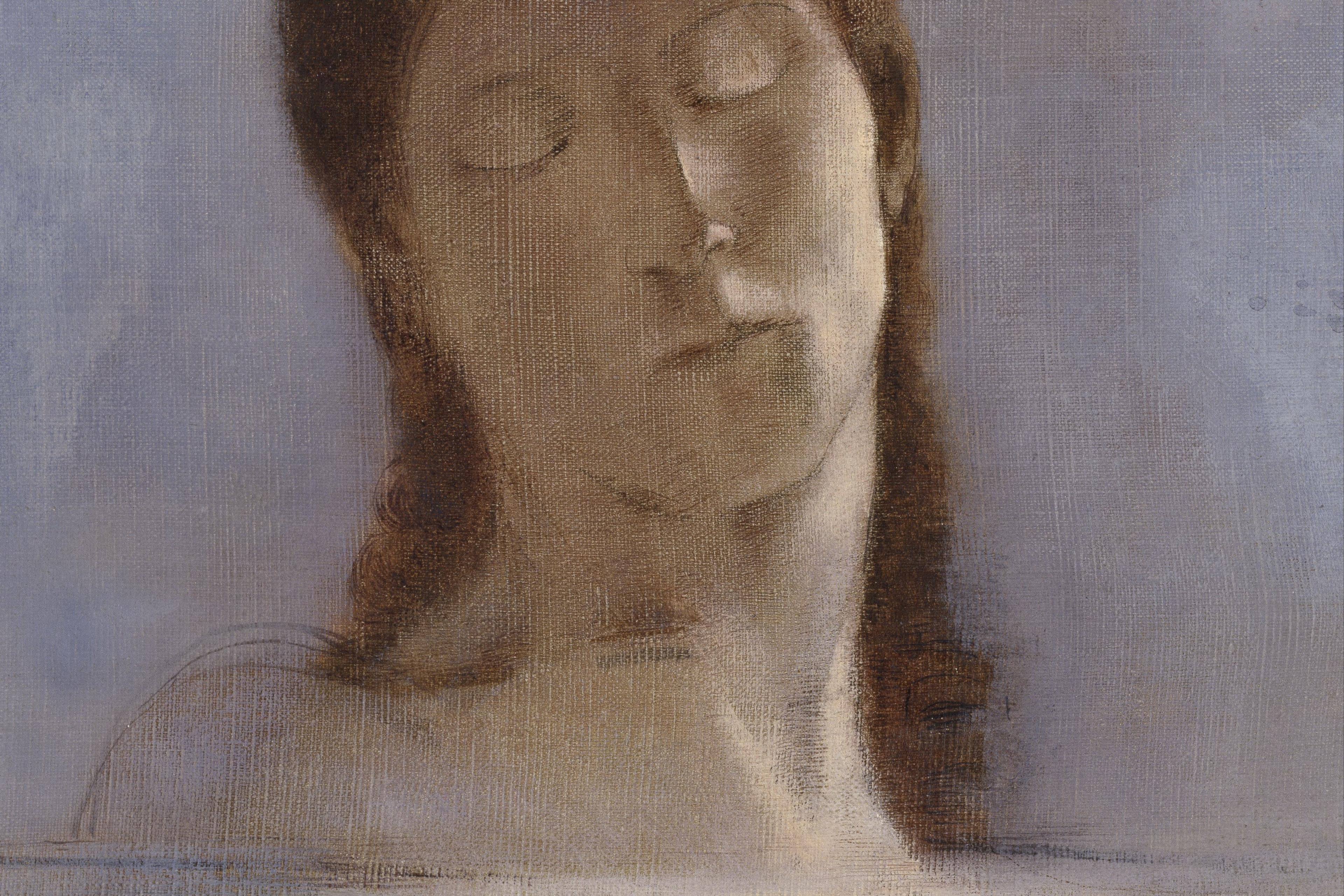 Painting of a serene face with closed eyes emerging from misty water, soft hues of grey and brown.