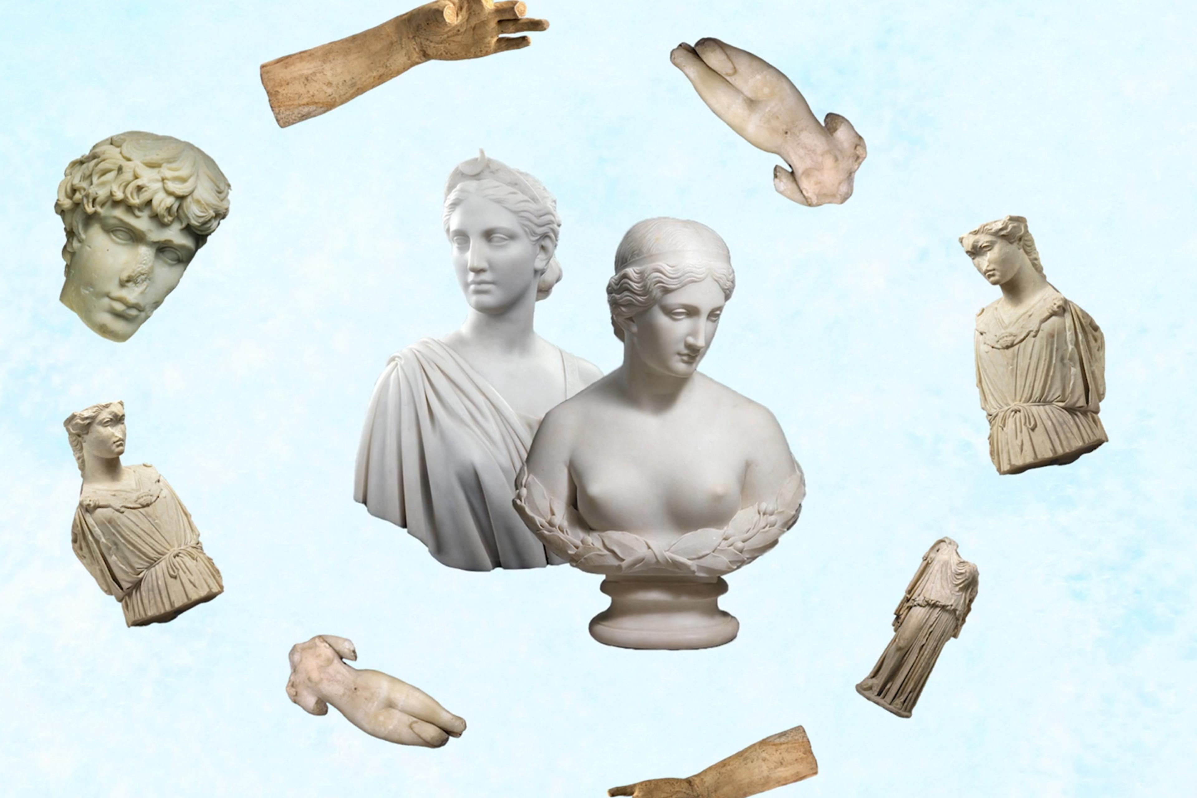 Various ancient Greek and Roman statue fragments, including busts and limbs, playfully arranged in a circular pattern against a light background.