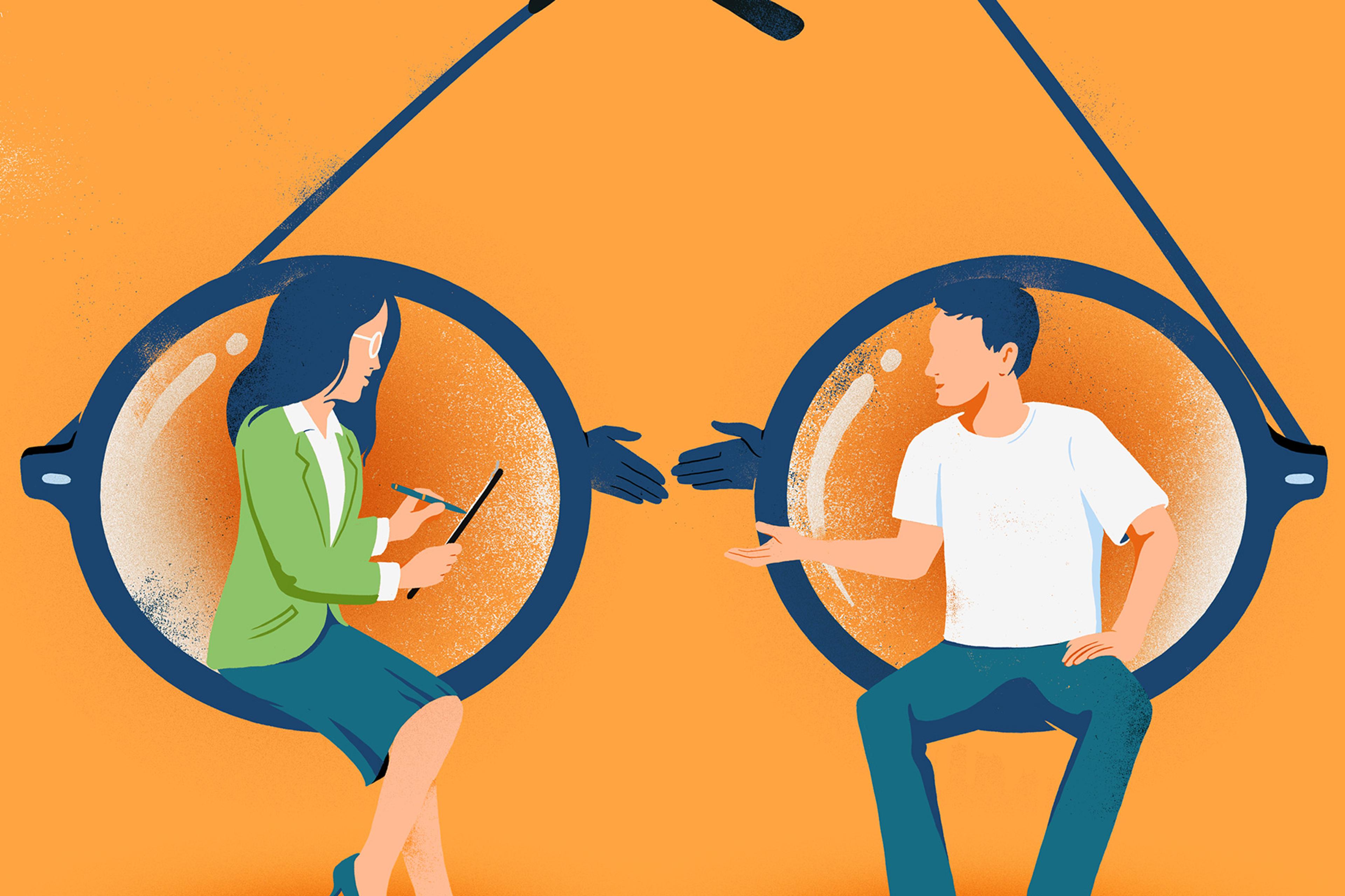 Digital illustration of a woman and a man sitting inside eyeglass lenses with shaking hands against an orange background. The woman holds a notepad and pen, the man is talking.