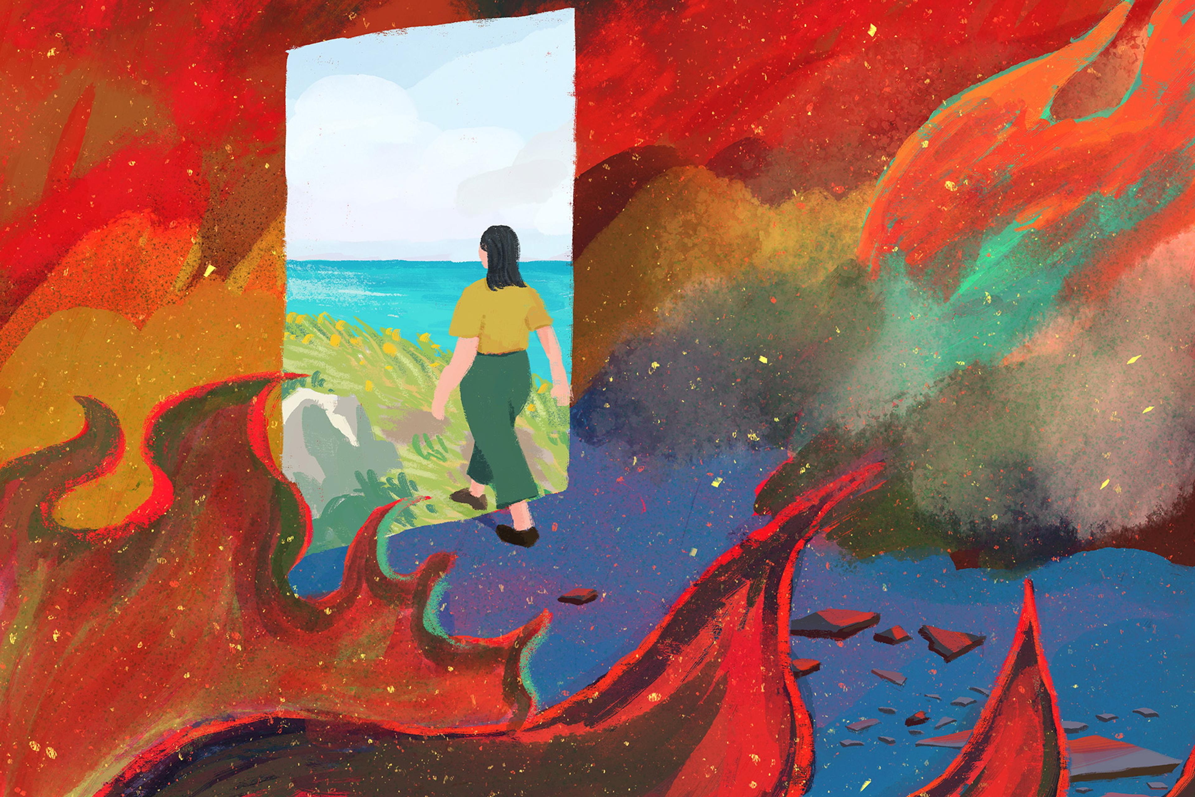 Illustration of a person walking from a fiery red landscape to a calm seaside through a white door.