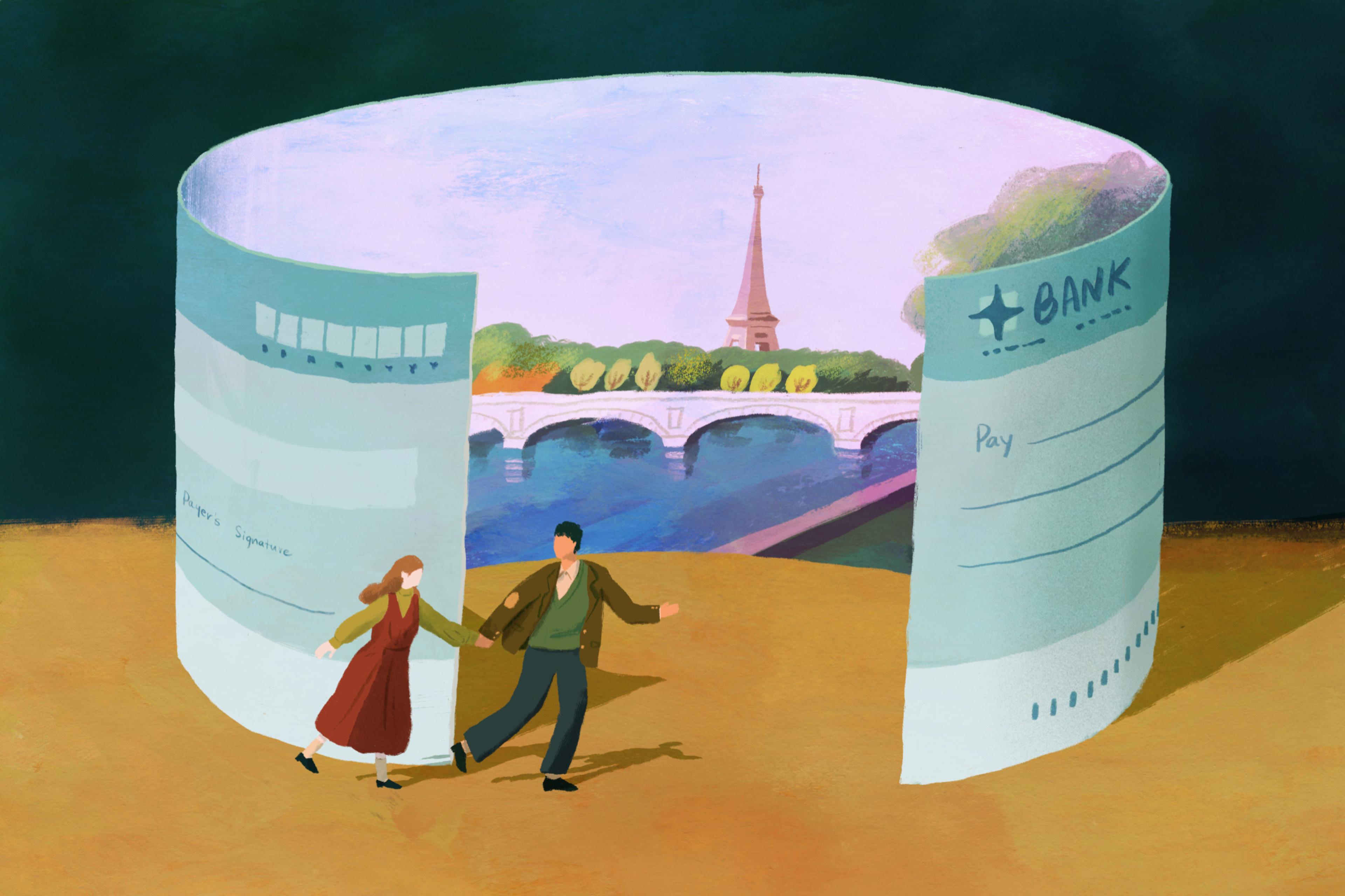 Illustration of a couple holding hands walking past a giant cheque that unravels to reveal a scenic view of a bridge over a river and the Eiffel tower.