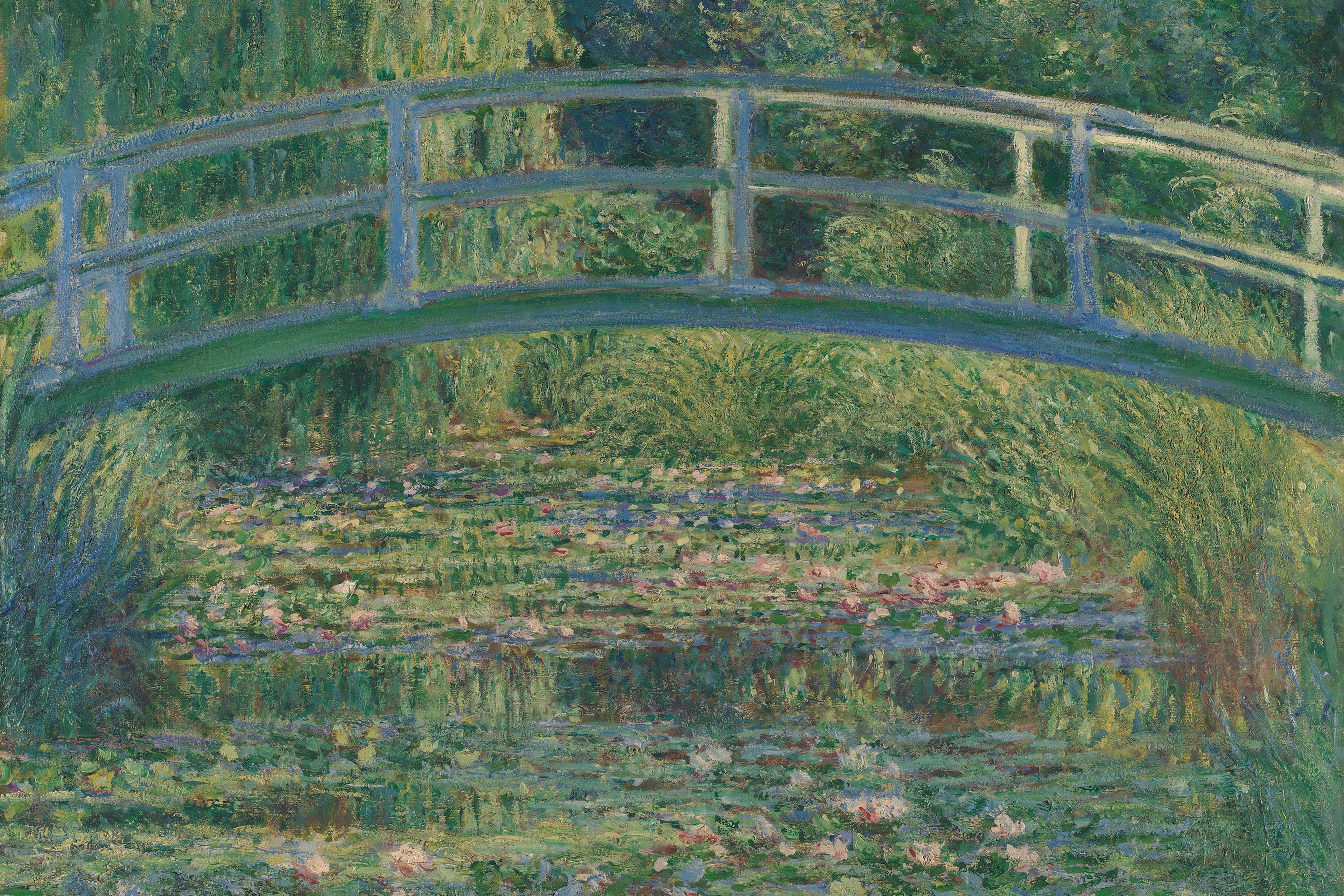Impressionist painting of a green Japanese bridge over a pond with water lilies surrounded by lush greenery in a garden setting.