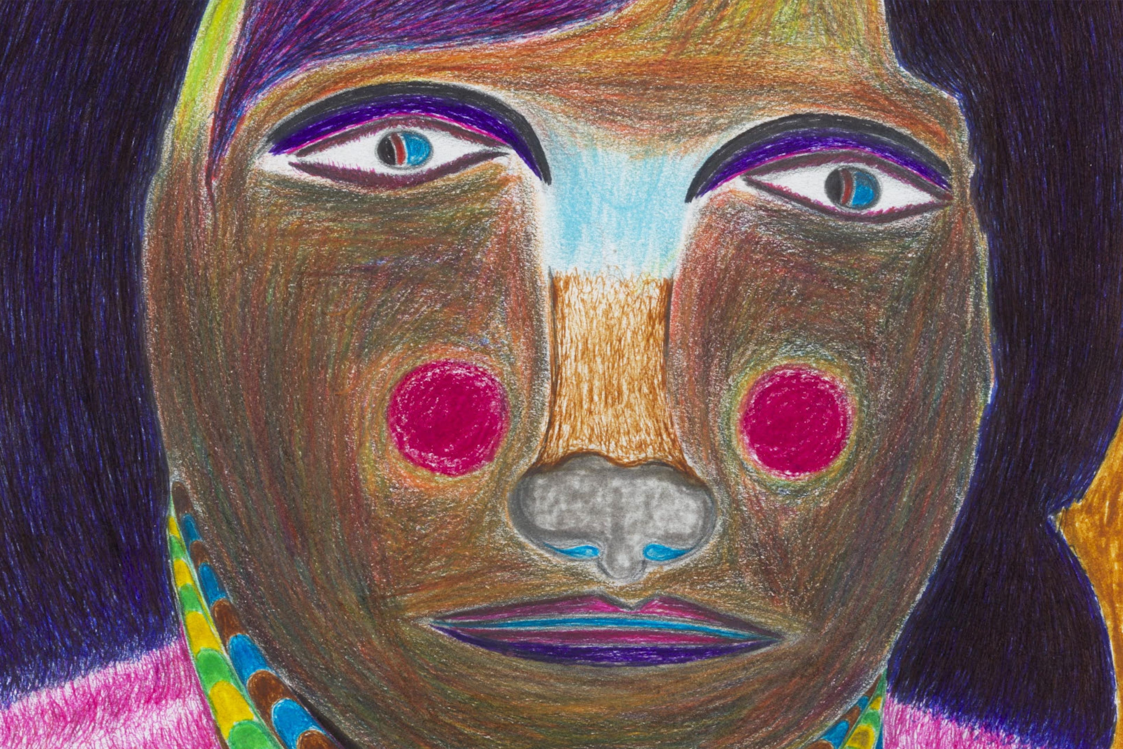 Abstract drawing of a face with vibrant colours, featuring red cheeks and a patterned necklace on an orange background.